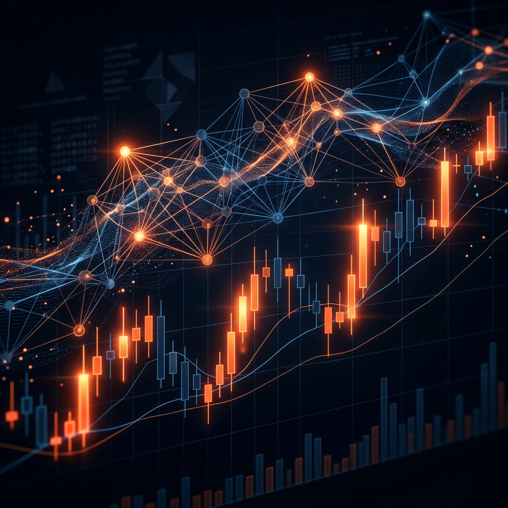 AI neural network overlaying a glowing crypto candlestick chart on a dark background