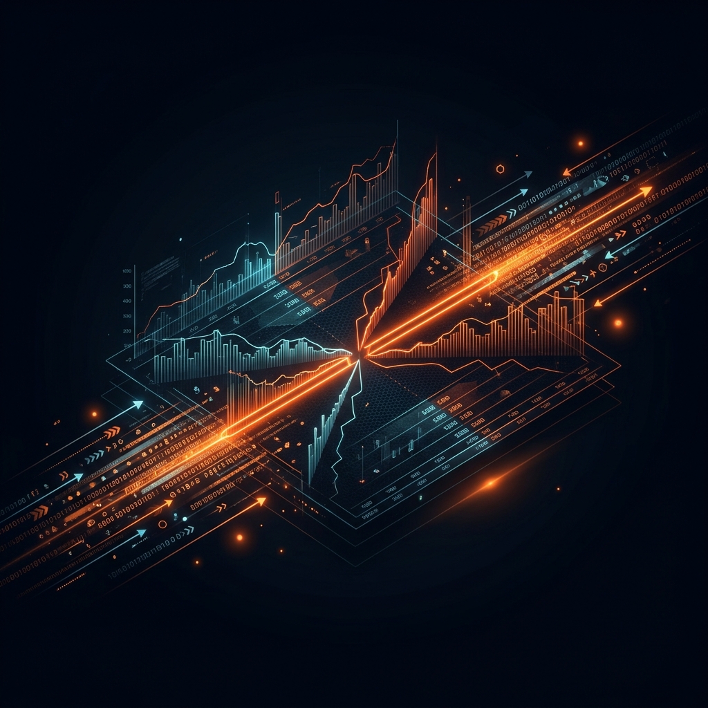 High-frequency trading order book visualization with glowing orange bid-ask spread lines on dark background