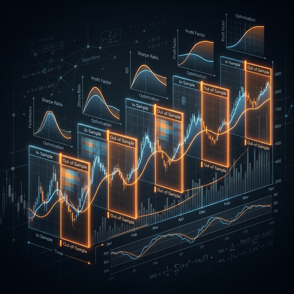 Sliding time window optimization visualization with in-sample and out-of-sample performance bands on a dark trading chart